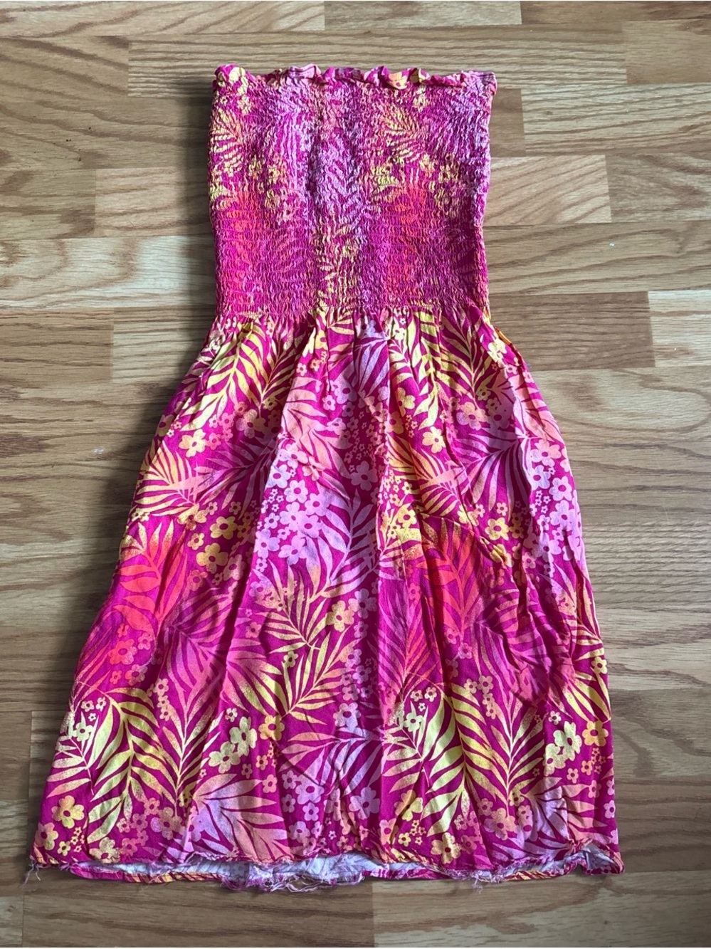 Smocked Strapless Sundress in Pink and Yellow Tropical Print